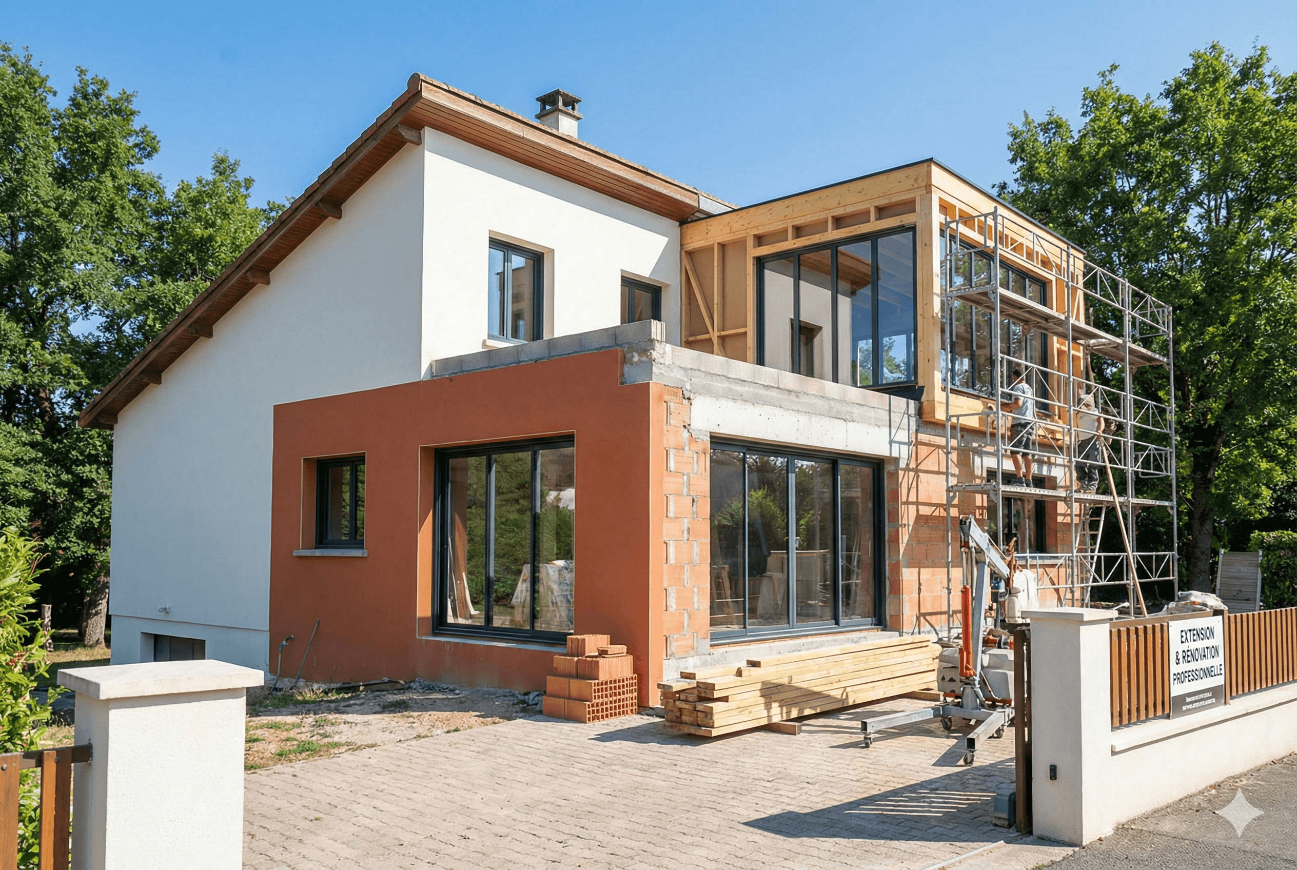 Façades crépi et toiture sur échafaudage